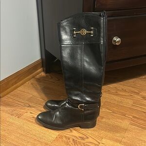 7.5 Tory Burch Calista Leather Riding Boots with Gold Accents